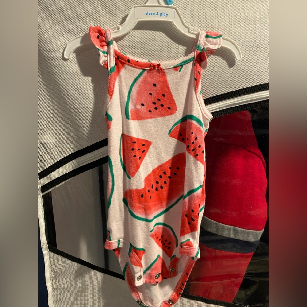 Carter’s Infant Girls Watermelon Romper, size 6 months.